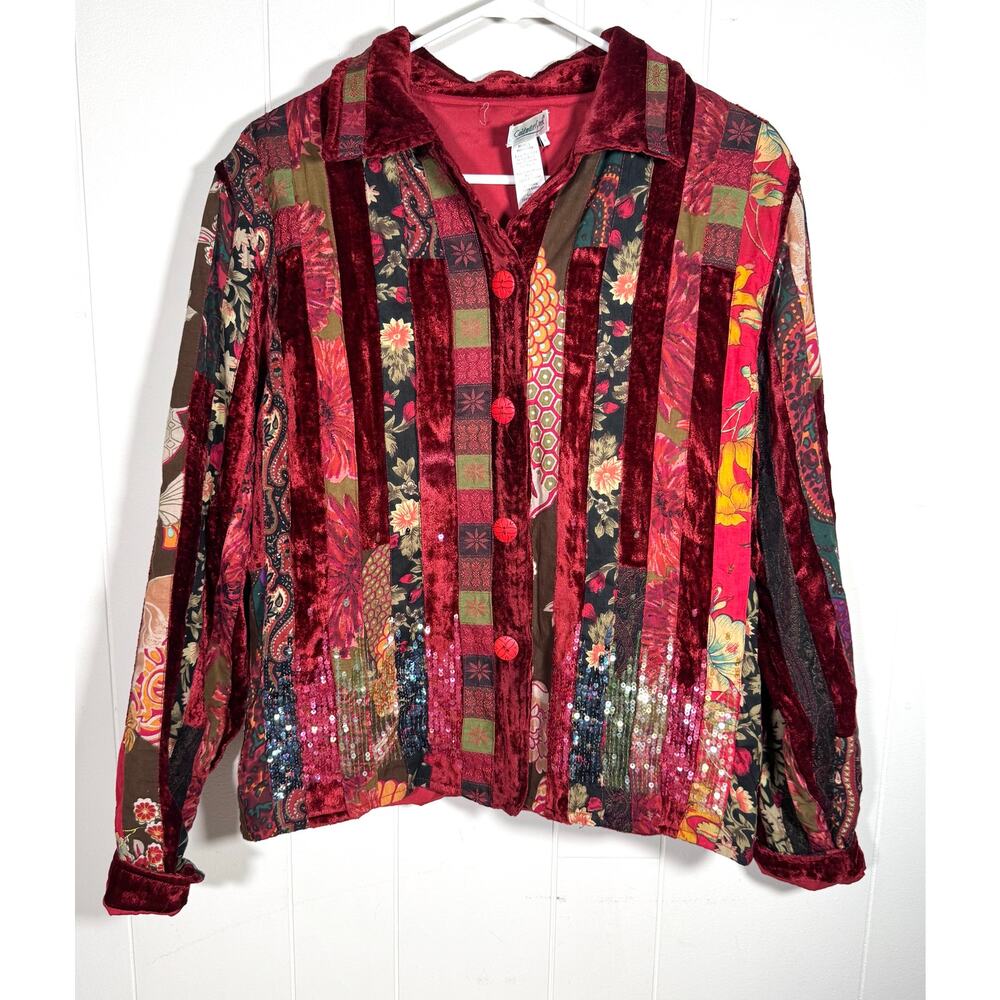Vtg Coldwater Creek Patchwork Velvet Sequin Jacket Large Red Floral Whimsigoth